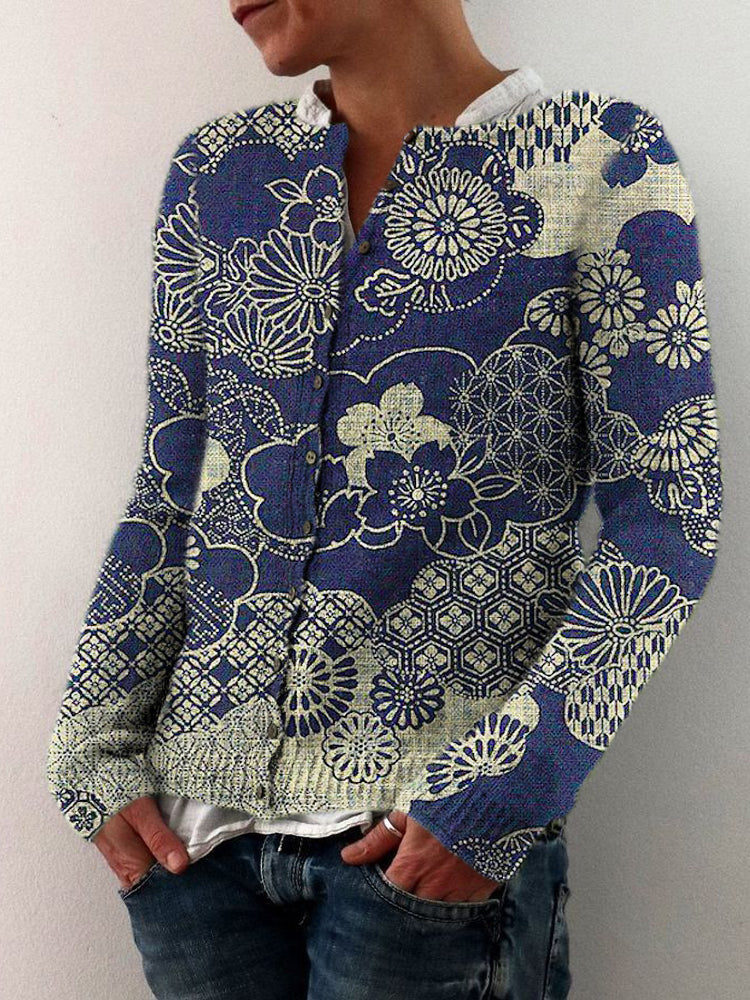 Vintage Geometric Floral Japanese Print Women's Sweater