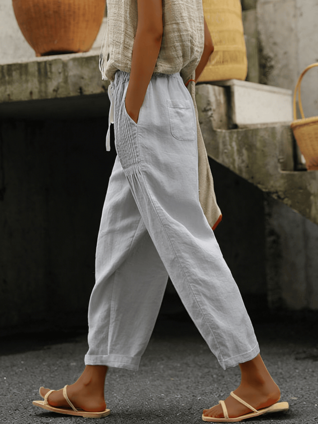 Women's Breathable Textured Cotton Linen Drawstring Cropped Pants