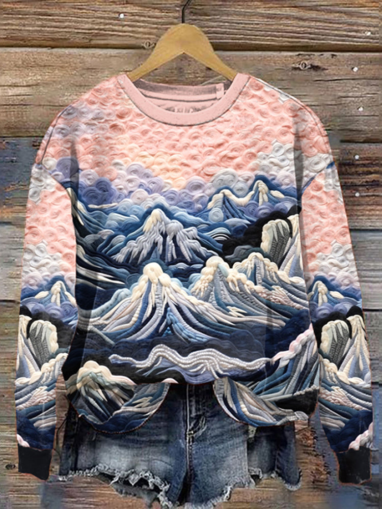 Women's Ukiyoe Snow Mountain Embroidery Felt Art Print Sweatshirt