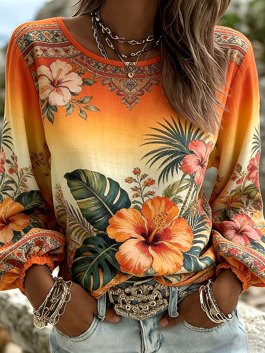 Women's Floral Print Long-Sleeve Linen-Blend Shirt with Round Neck