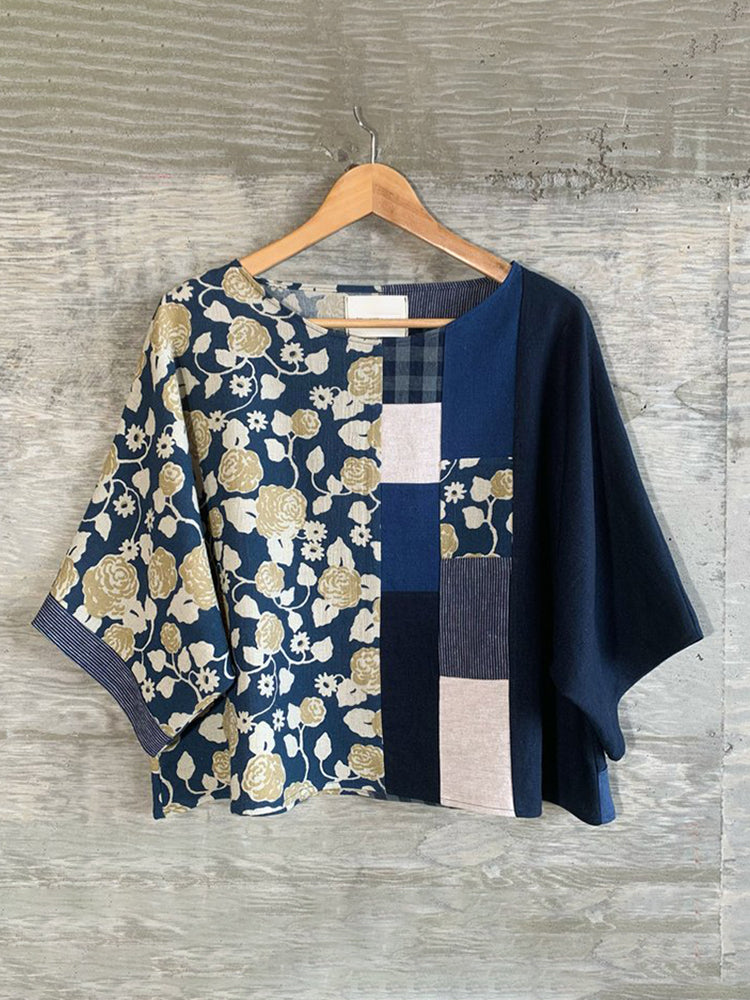 Women's Casual Cotton And Linen Floral Patchwork T-shirt
