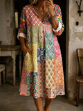 Women's Casual V-Neck Color-Block Printed Cotton-Linen Dress