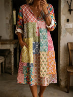 Women's Casual V-Neck Color-Block Printed Cotton-Linen Dress