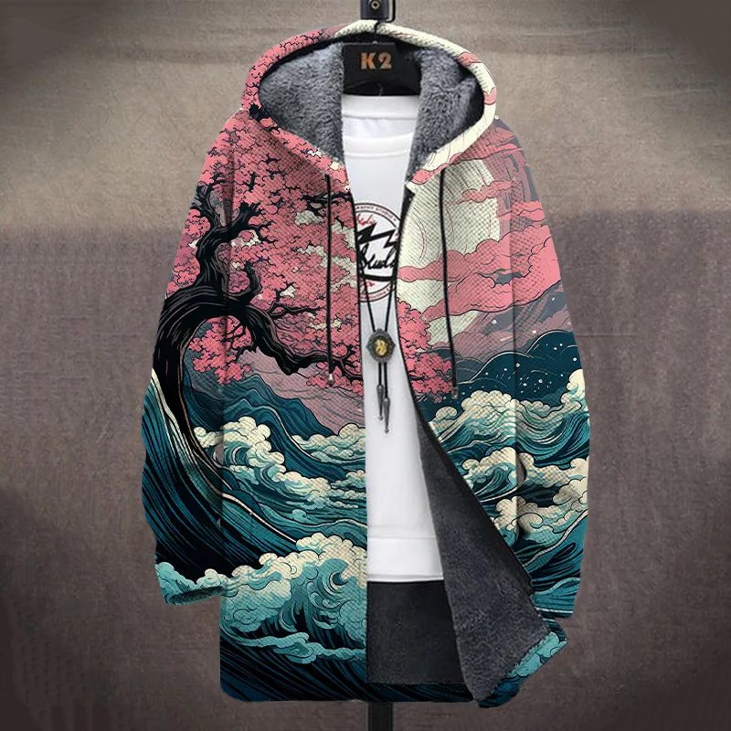 Retro Cherry Trees And Waves In The Moonlight Japan Art Print Long Sleeve Hooded Cardigan Jacket