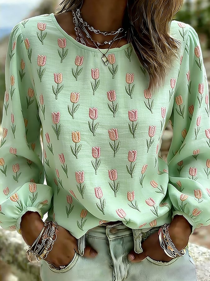 Women's Casual Floral Print Long-Sleeved Top