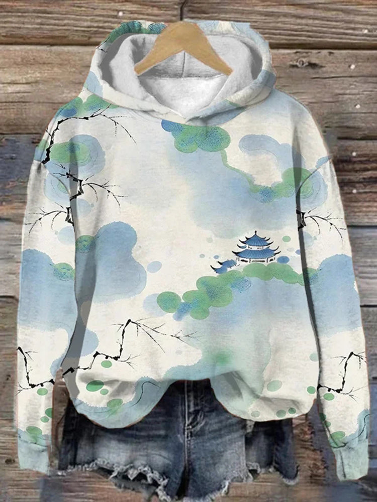 Women's Oriental Japan Watercolor Ink Art Print Casual Hoodie