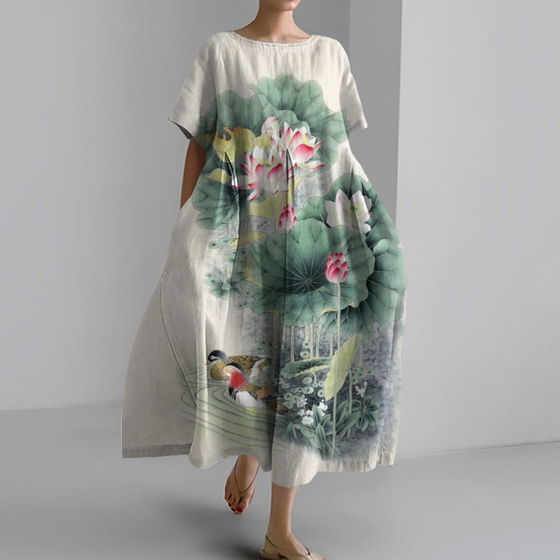 Women's Watercolor Lotus And Mandarin Duck Art Printed Casual Midi Dress