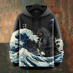 Men's Japanese Great Waves Godzilla Graphics Art Print Casual Hoodie