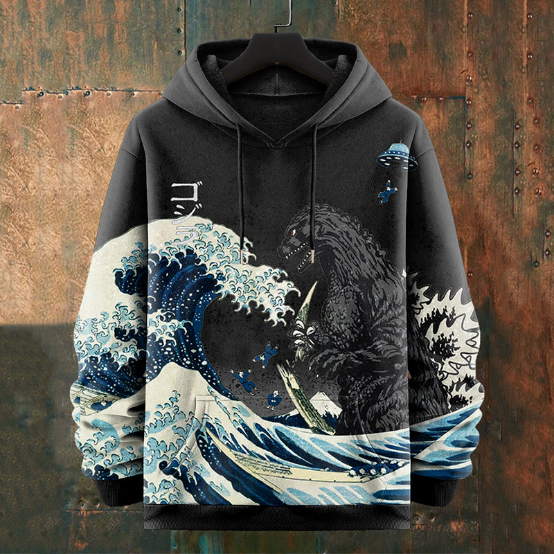 Men's Japanese Great Waves Godzilla Graphics Art Print Casual Hoodie