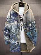 Men's Sea Wave Octopus Art Print Fleece Lined Hooded Trench Coat