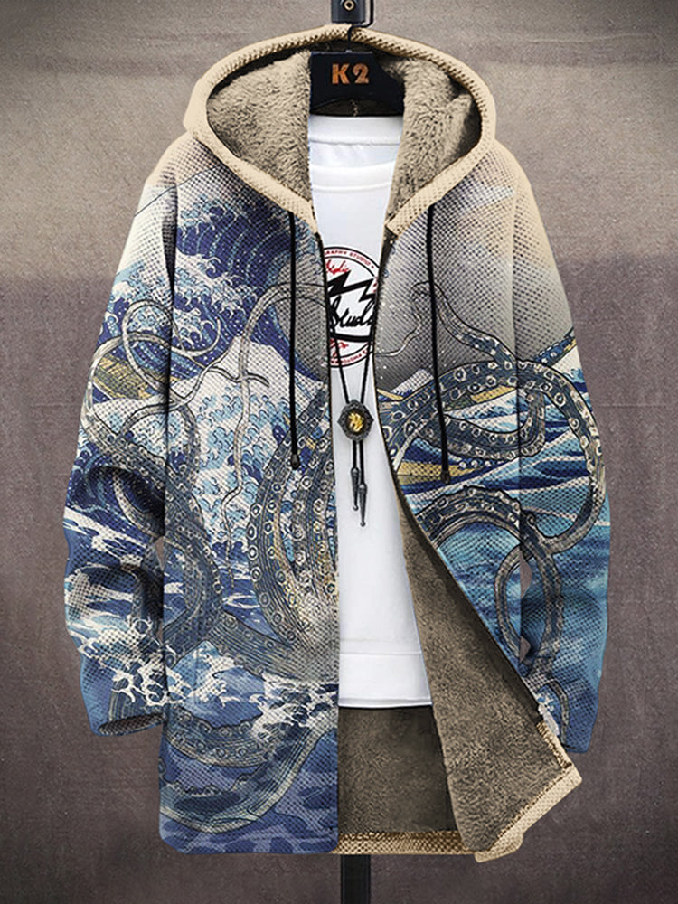 Men's Sea Wave Octopus Art Print Fleece Lined Hooded Trench Coat