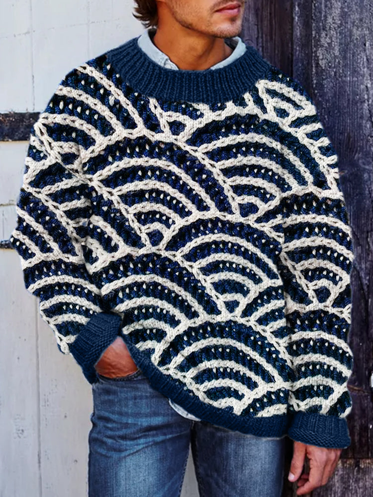 Men's Japanese Sea Waves Crochet Chunky Cozy Sweater