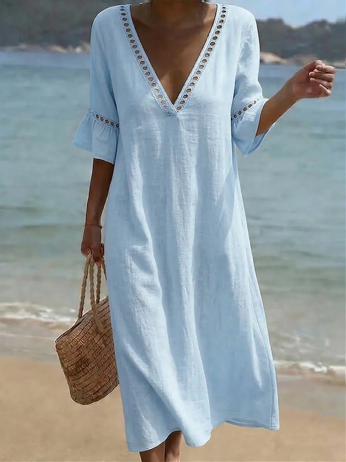 Women's Casual V-Neck Cutout Patchwork Loose-Fit Dress