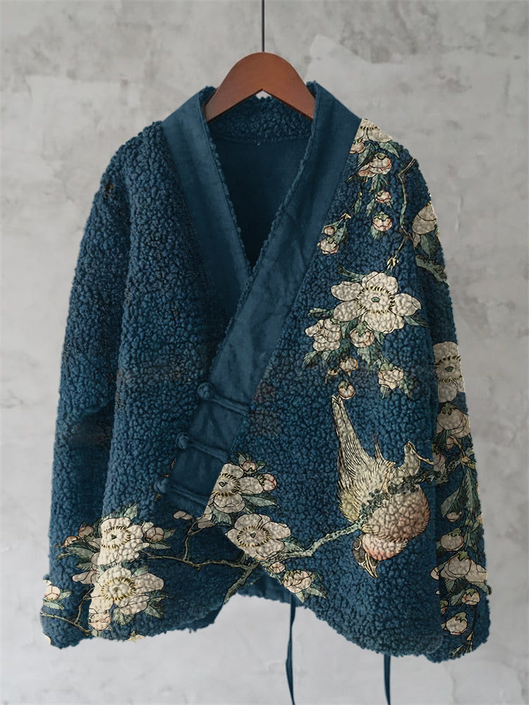 Vintage Japanese Flower And Bird Art Cozy Fleece Kimono Cardigan