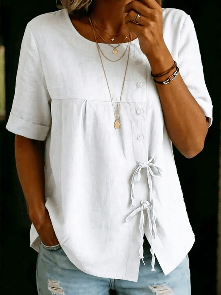 Women's Retro Solid Color Button Lace Up Tie Shirt