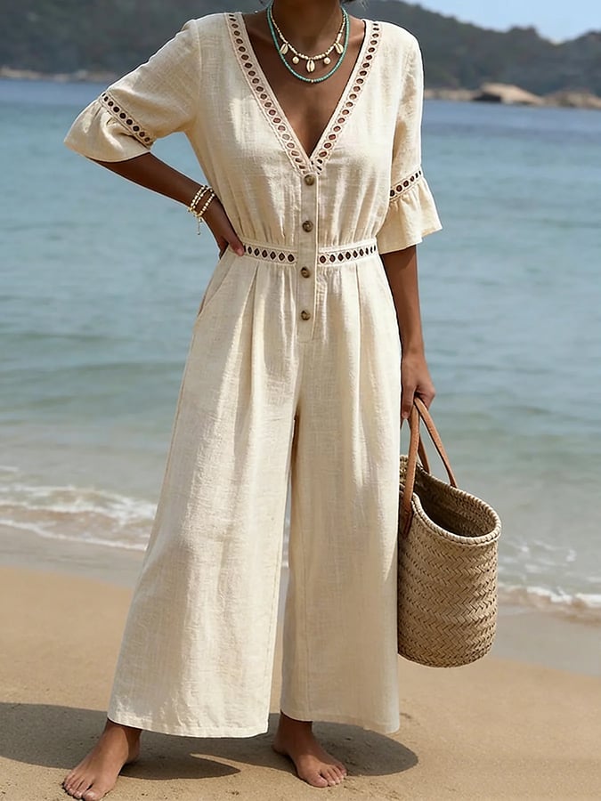 Women's Casual V-Neck Cutout Patchwork Loose Jumpsuit