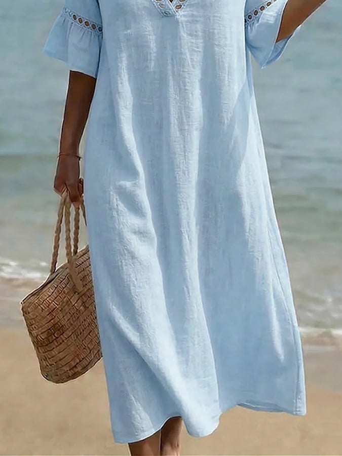 Women's Casual V-Neck Cutout Patchwork Loose-Fit Dress