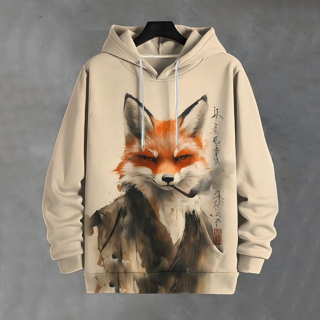 Men's Japanese Art Fox Print Vintage Hooded Sweatshirt