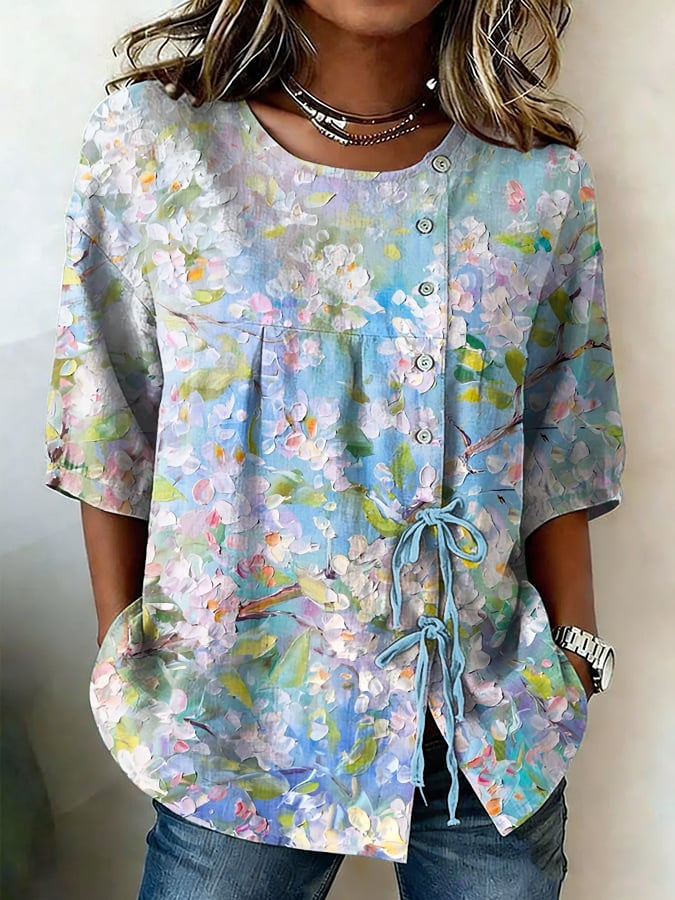 Women's Retro Floral Button Lace Up Tie Shirt