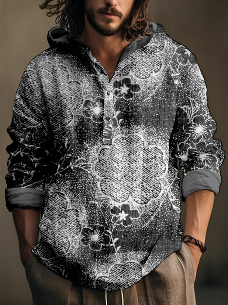 Japanese Cherry Blossom & Sayagata Patterns Linen Blend Hooded Shirt