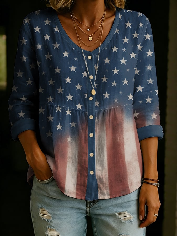 Women'S Casual Cotton-Linen Top With U.S. 250th Anniversary Print