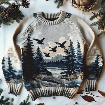Vintage Forest And Birds Pattern Warmth Knitted Jacquard Unisex Sweater