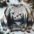 Vintage Forest And Birds Pattern Warmth Knitted Jacquard Unisex Sweater