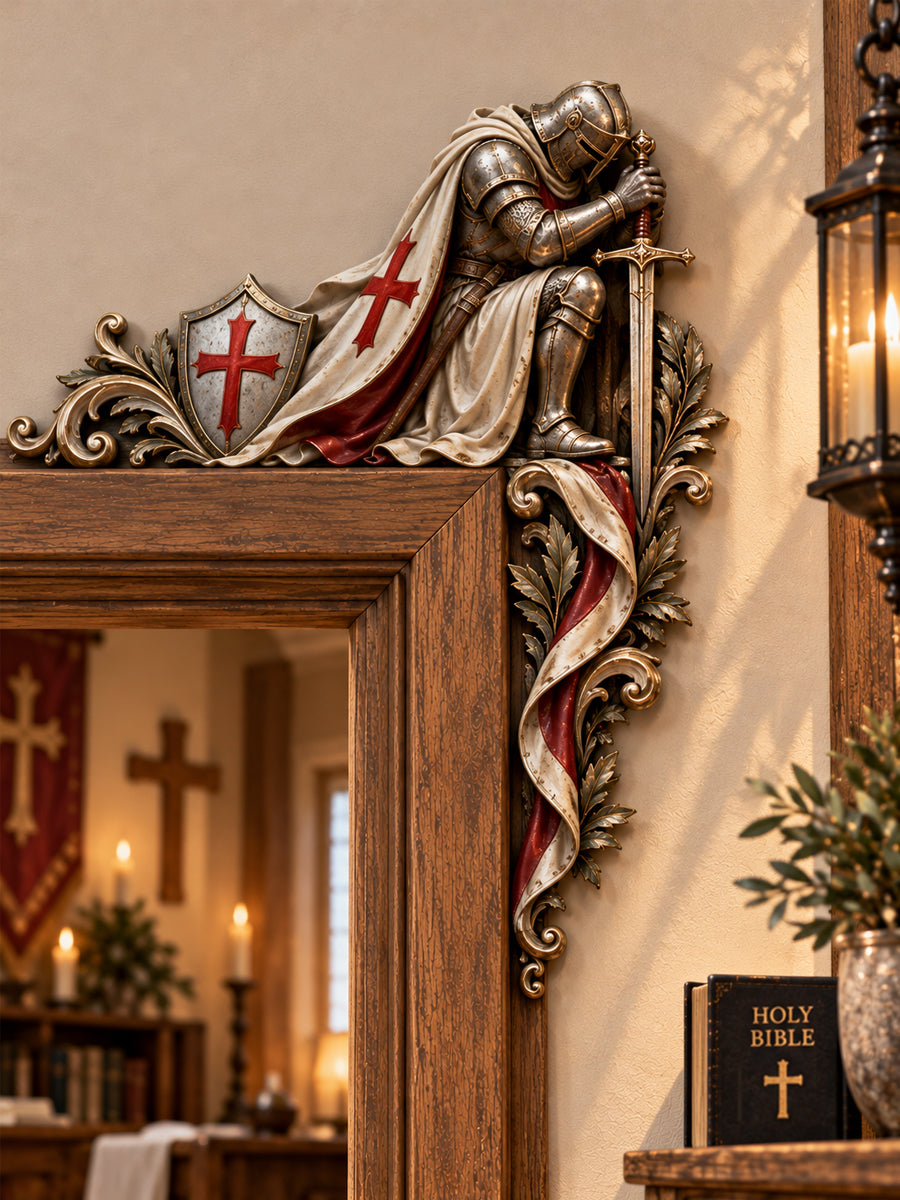 Knight of Faith Wooden Door Frame DecorKnight of Faith Wooden Door Frame Decor  ⚔️ Bold Medieval Accent A striking kneeling knight, cross shield, sword and ornate scrollwork create a powerful faith-inspired statement for your doorway.  🪵 Wooden Craftsman