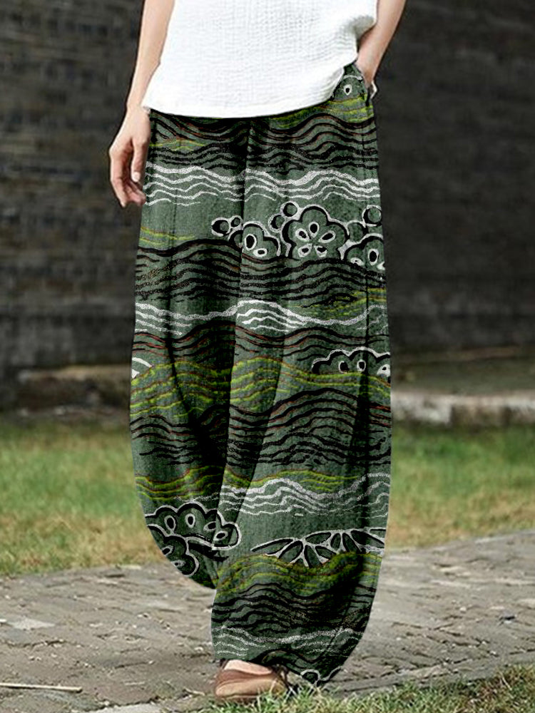 Vintage Japanese Waves Art Linen Blend Casual Pants