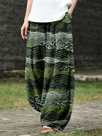 Vintage Japanese Waves Art Linen Blend Casual Pants