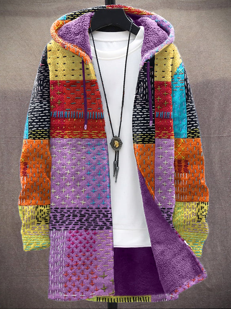 Colorful Patchwork Sewing Thread Cozy Hooded Cardigan