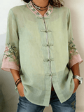 Women's Retro Floral Embroidered Cotton Linen V-Neck Blouse
