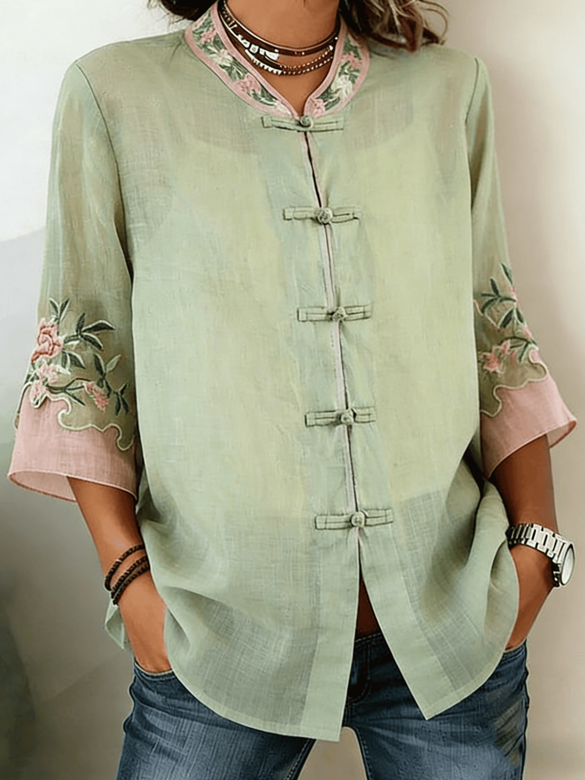 Women's Retro Floral Embroidered Cotton Linen V-Neck Blouse