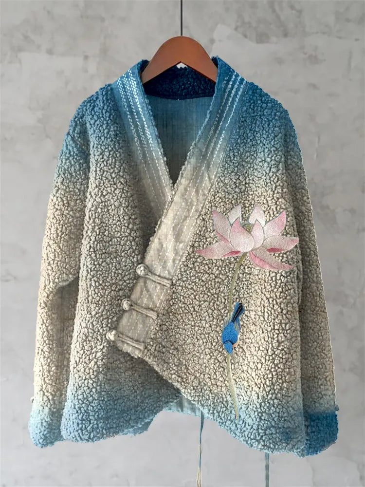 Japanese Style Gradient Lotus And Bird Embroidery Inspired Design Kimono