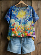 Women's Casual Oil Painting Cotton Linen Print Top