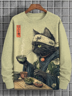 Men's Cat Drinking Tea Japanese Tea Ceremony Art Print Casual Sweatshirt