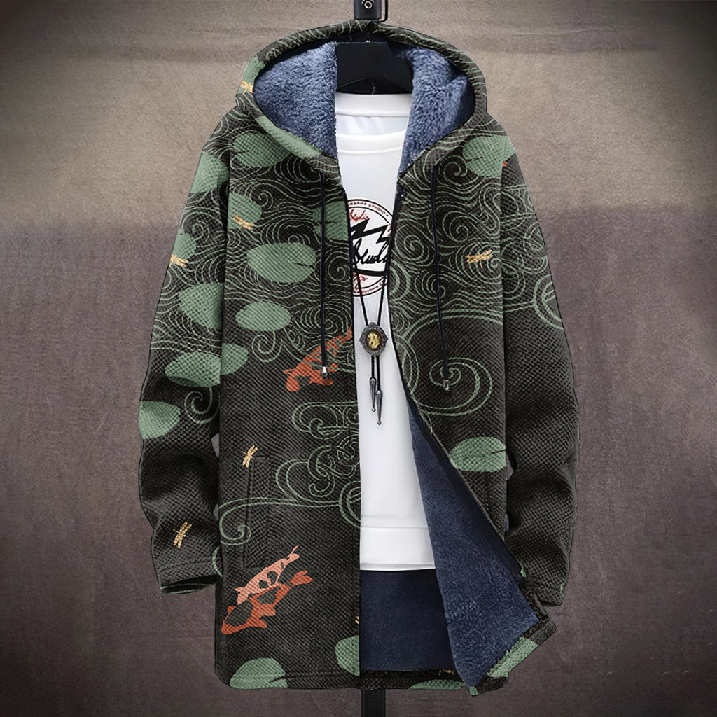 Japanese Koi Pond Wood Art Pattern Plush Men'S Jacket