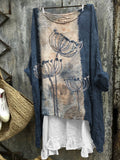 Floral Embroidered Tie Dye Frayed Patchwork Linen Blend Tunic