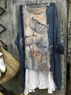 Floral Embroidered Tie Dye Frayed Patchwork Linen Blend Tunic