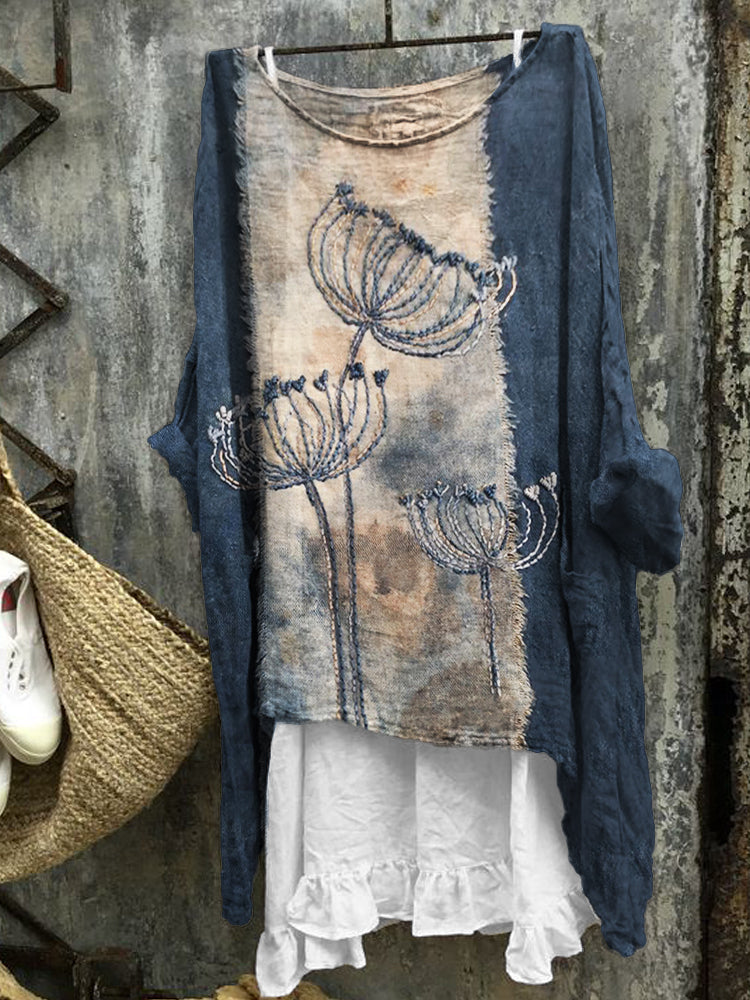 Floral Embroidered Tie Dye Frayed Patchwork Linen Blend Tunic