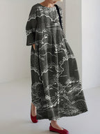 Women Japanese Landscape Art Linen Blend Long Sleeve Maxi Dress