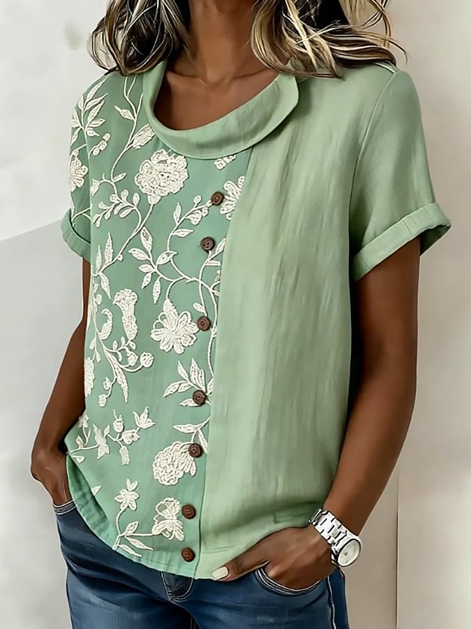 Women's Casual Color Block Print Short-Sleeve Top