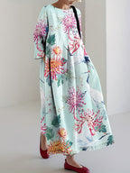 Japanese Art Crane Chrysanthemum Print Casual Midi Dress