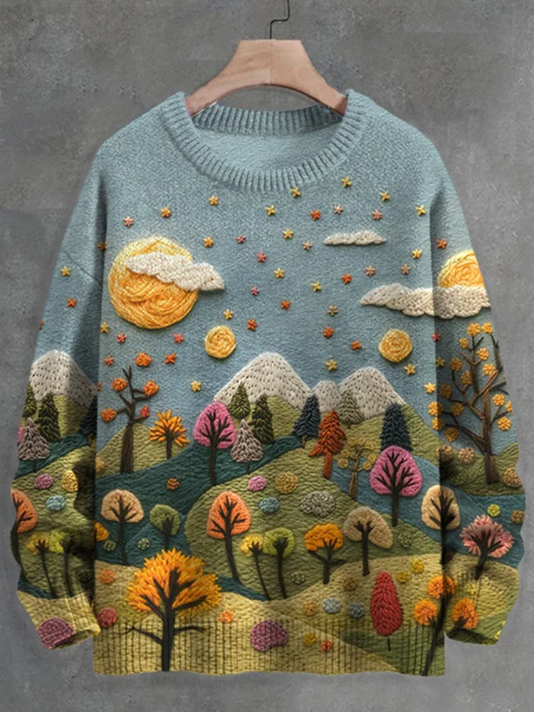 Men's Colored Forest Mountain View Embroidery Print Casual Knit Crew Neck Sweater