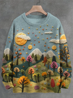 Men's Colored Forest Mountain View Embroidery Print Casual Knit Crew Neck Sweater