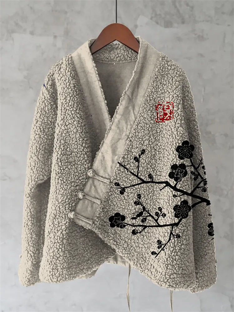 Magnolia Japanese Lino Floral Art Cozy Fleece Kimono Cardigan