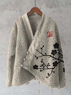 Magnolia Japanese Lino Floral Art Cozy Fleece Kimono Cardigan