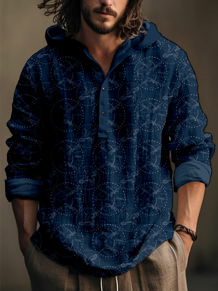 Sashiko Cranes and Dragonflies Japanese Art Hooded Shirt