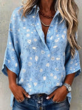 Women's Retro Floral Art Print Cotton Linen Shirt
