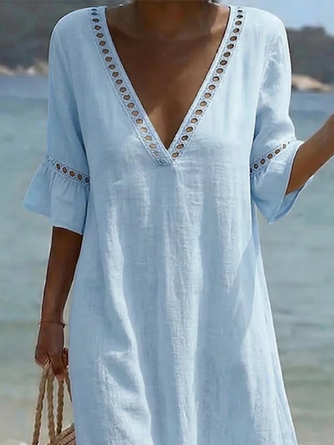 Women's Casual V-Neck Cutout Patchwork Loose-Fit Dress